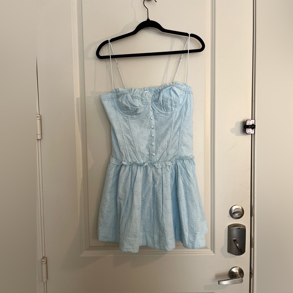 For Love and Lemons Marlowe Blue Eyelet Corset Mini Dress Size L NWOT - Picture 2 of 5